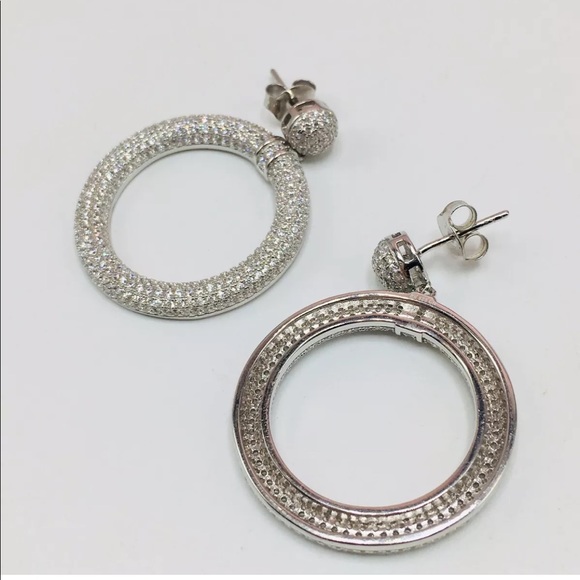 14k white gold diamond pave earrings stud hoops - Picture 3 of 8